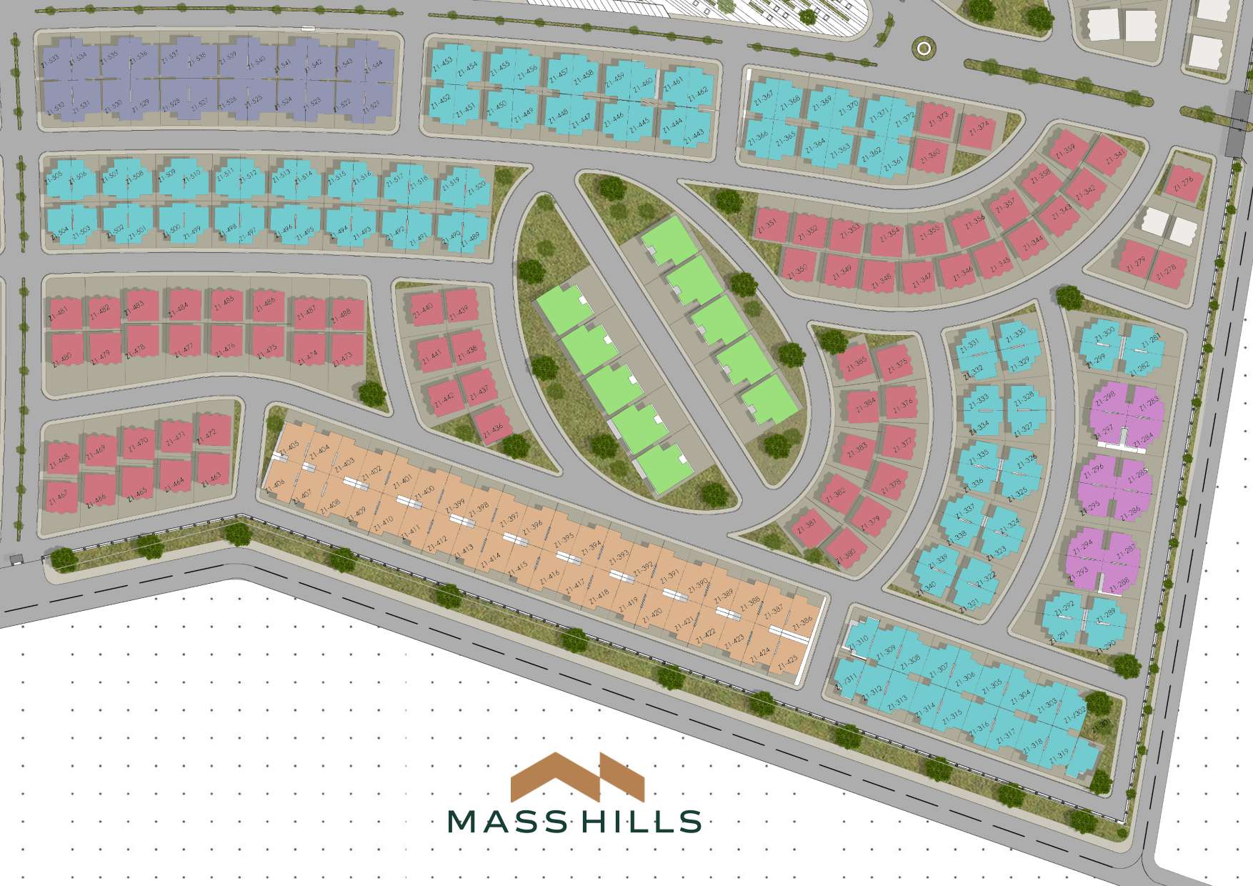 Mass Hills official site plan, with plots colour-coded by villa type: 240-T1, 240-T2, 240-T3, 320-T1, 320-T2 and 600-T1