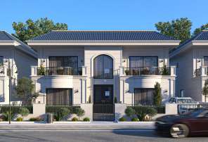 Street elevation render of the Mass Hills 320-T1 villa type with arched entrance